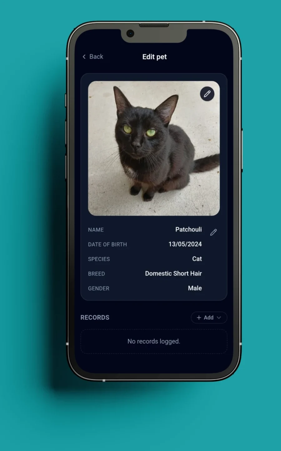 Editing a pet's profile with a photo, date of birth, species, breed and gender