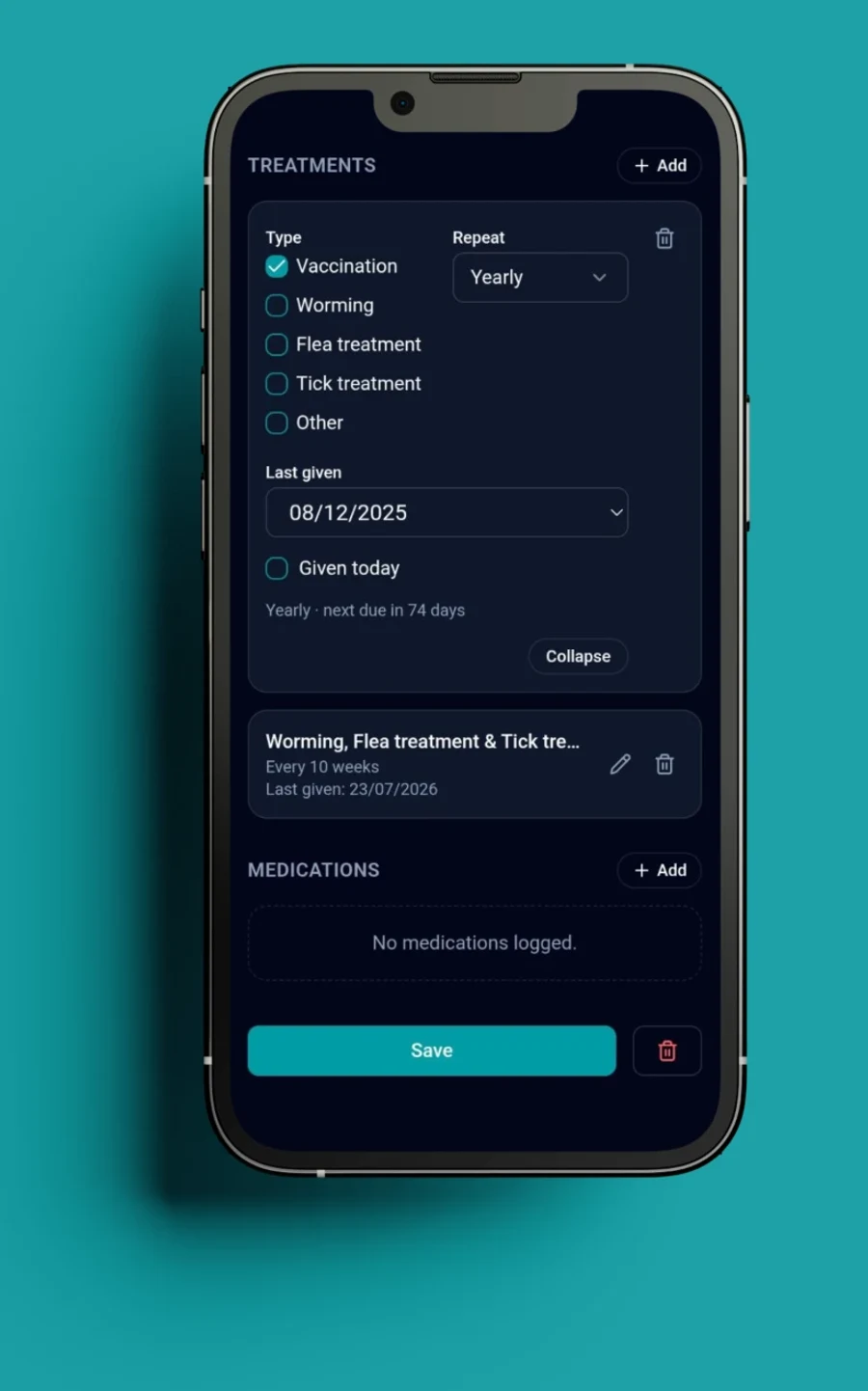 Setting up a treatment with type, repeat schedule and last given date